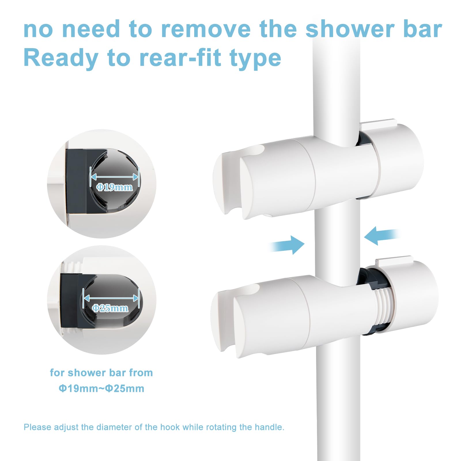 OFFO Shower Head Holder, Slide Bar Adjustable 19-25mm, 45°Rotation Sprayer Holder, White, 19-25mm Rail + 19-22mm Hose - Image 2