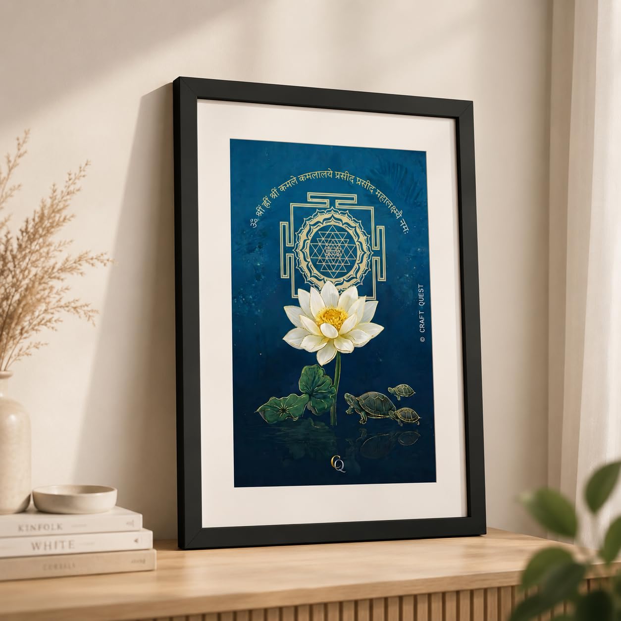 CRAFT QUEST White lotus painting for wall vastu with Shree Yantra and tortoise – Vastu Energy Poster for Prosperity, Money Flow & Stability Photo Frame for Home, Office (Black, 10 X 14 Inches)-image-33