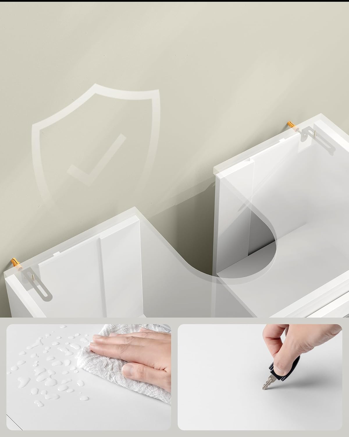 Close-up showing water resistance and scratch resistance of the cabinet surface