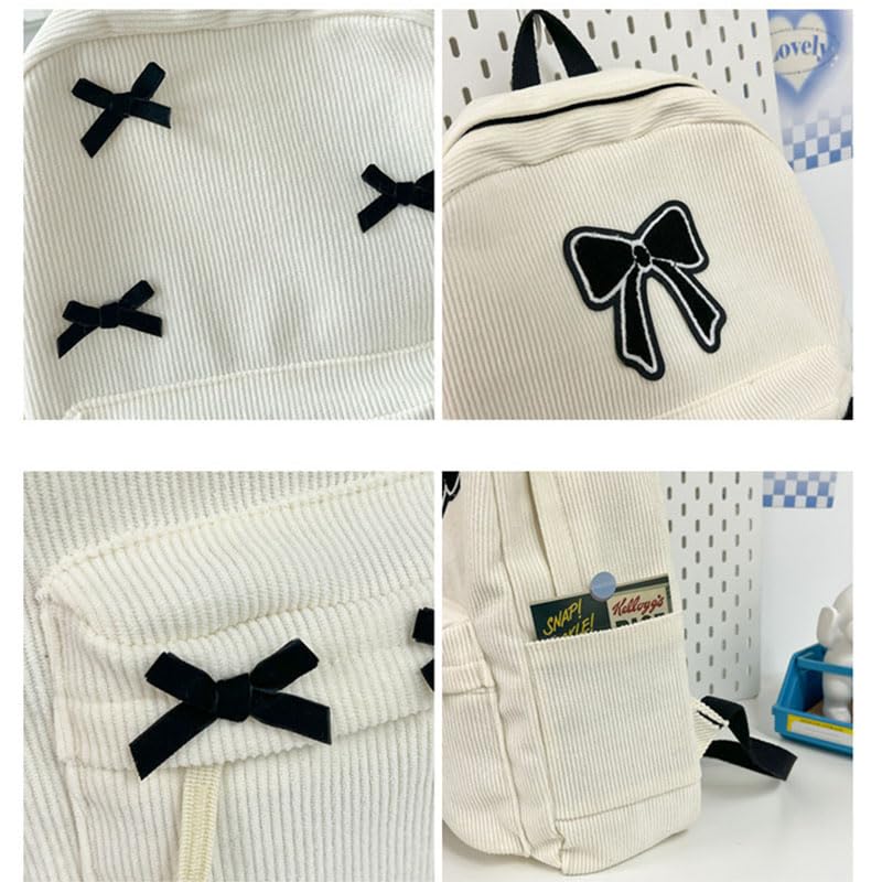 Women Preppy Y2k Aesthetic Corduroy Backpack Kawaii Laptop Backpack Cute Coquette Bow Harajuku College Daypack (Black Bow)4