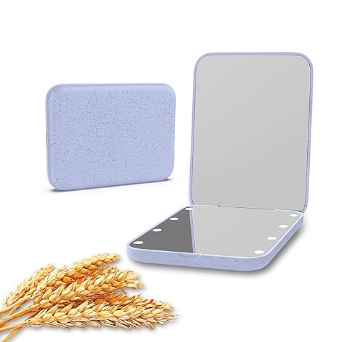 Kintion - Espejo de bolsillo de paja de trigo, espejo de viaje con aumento 1X/3X para bolsa, espejo de fibra de plástico iluminado, de mano,