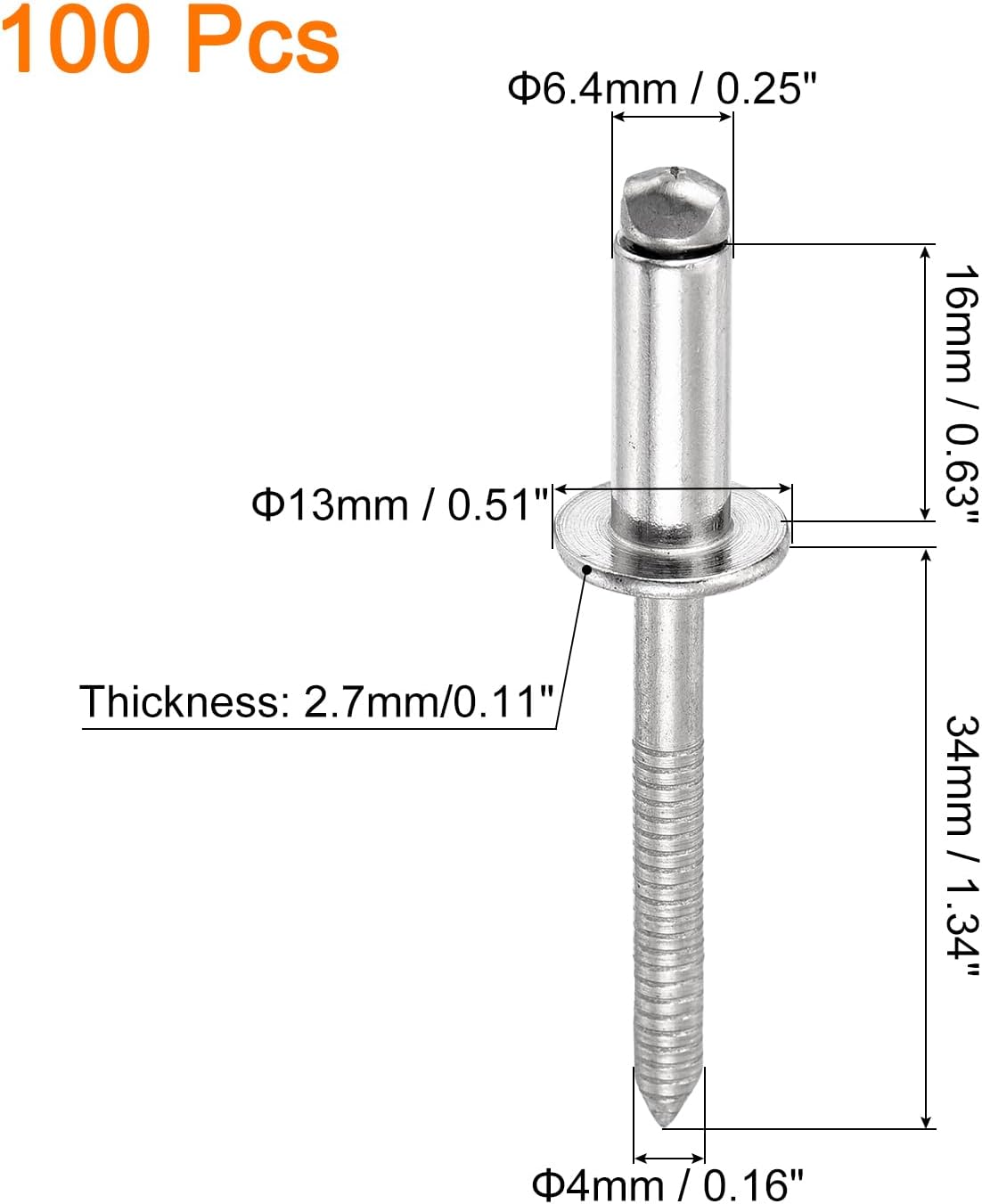 uxcell 100Pcs 1/4"x5/8" 304 Stainless Steel Dome-Head Blind Rivets, Open-End Type Blind Rivets for DIY, Sheet Metal, Automotive Repairs, Furniture, Boat, and Duct Work (Silver)