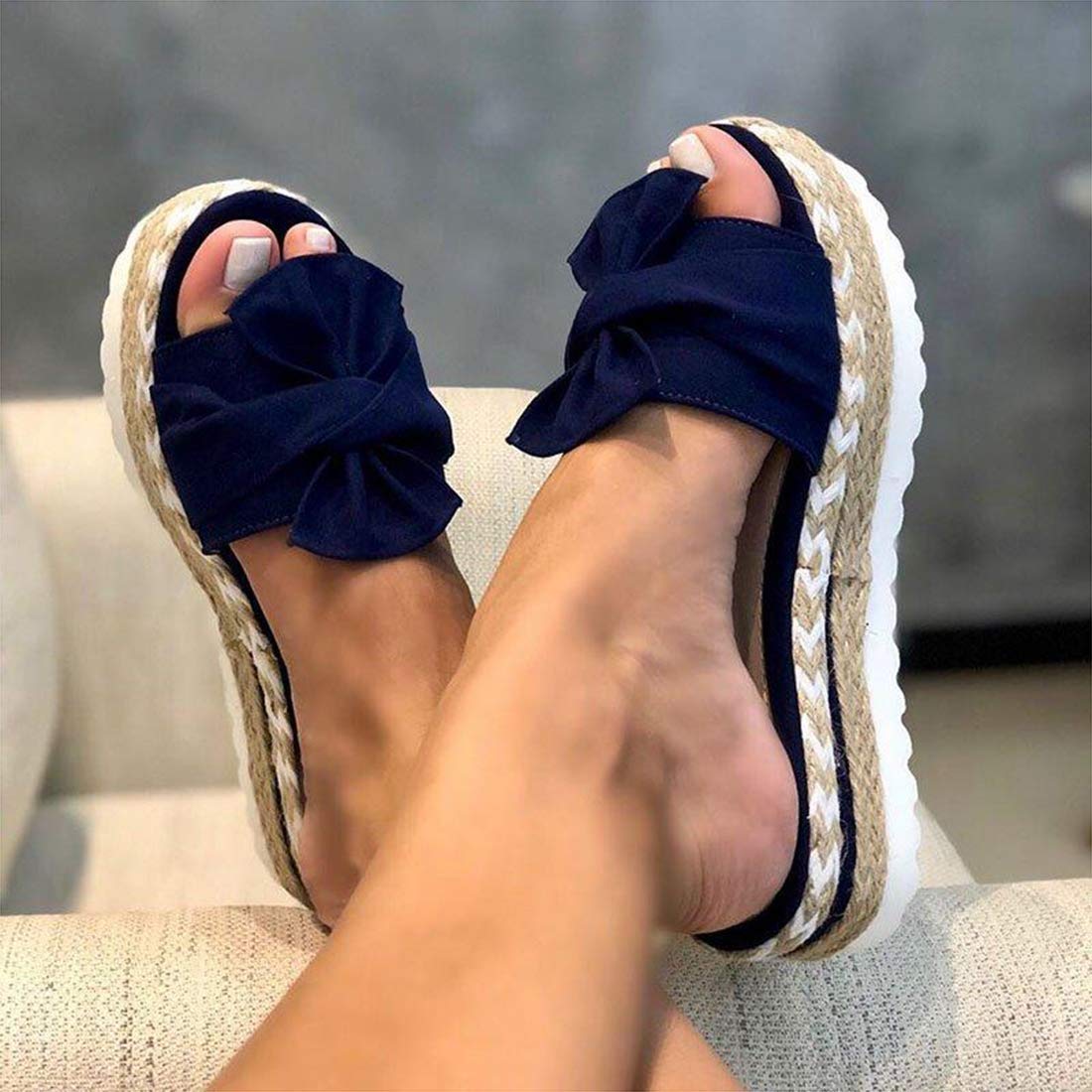 Fmoge Women's 5 Blue Sandals Wedges Platform Slipper, Summer Beach Front Bow Knot Slip On Sandals, Bohemia Fashion Casual Leisure Large Width Thick Bottom Open Toe Heeled Non-Slip Flip Flop Shoes,3 Yellow,38