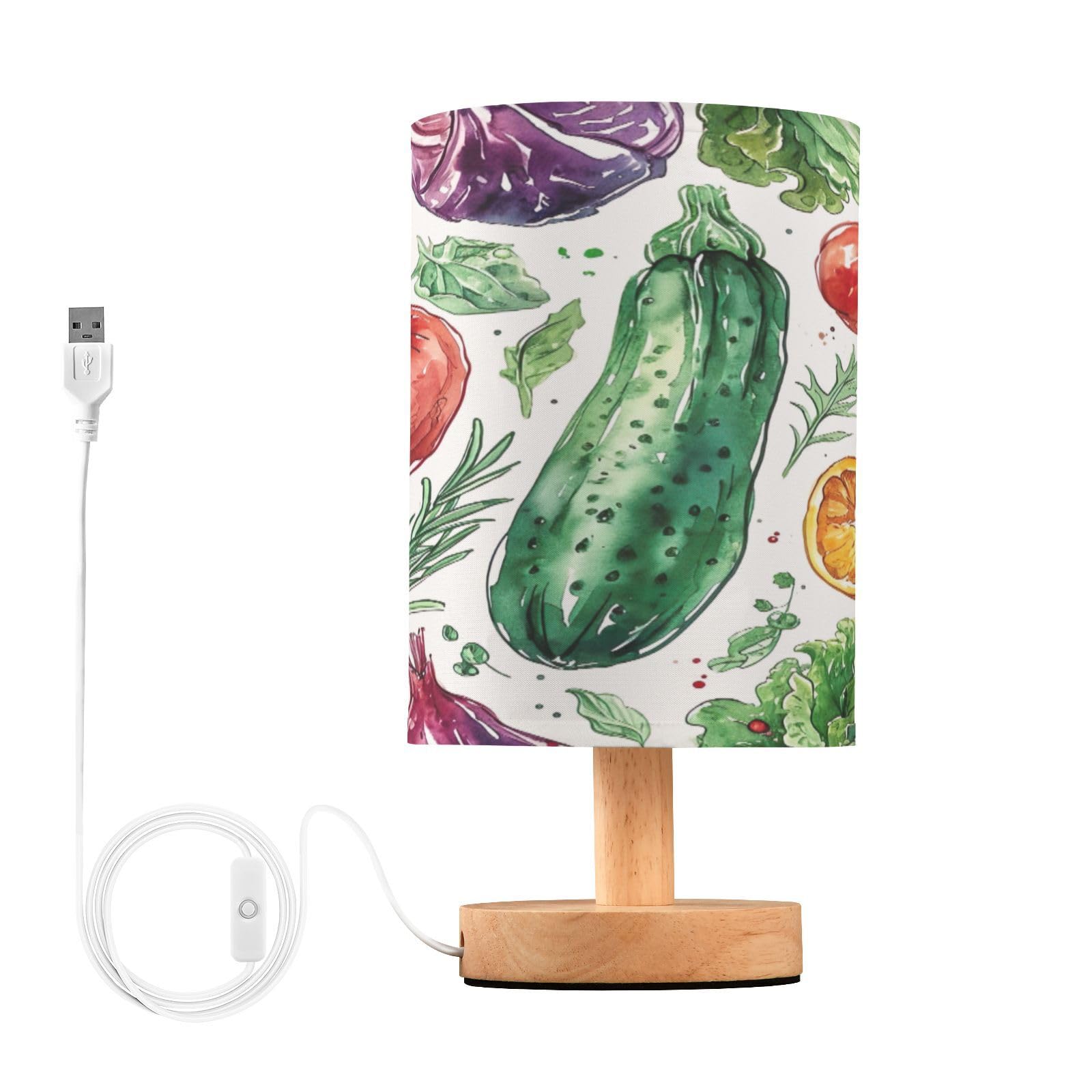 SDMKA Watercolor Vegetables Bedside Table Lamp for Bedroom, Minimalist Nightstand Lamp with Round Fabric Shade for Living Room, Office, No Bulb Required