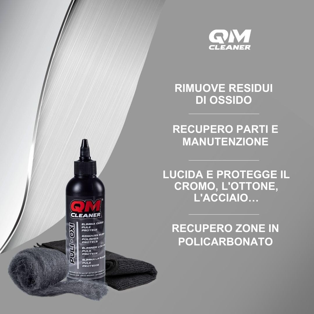QM Cleaner Kit Puli-Oxi | Lucidante per metalli, smacchiatore di ruggine e detergente per cromature - Include anche lana d'acciaio 000 + panno in microfibra