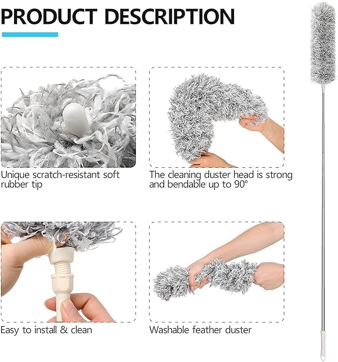 Image of Microfiber Mop for Wall and Ceiling Cleaning - Fan Cleaner Brush With Wiper for Walls and Roof - 100 Inches Expandable Pole Long Handle