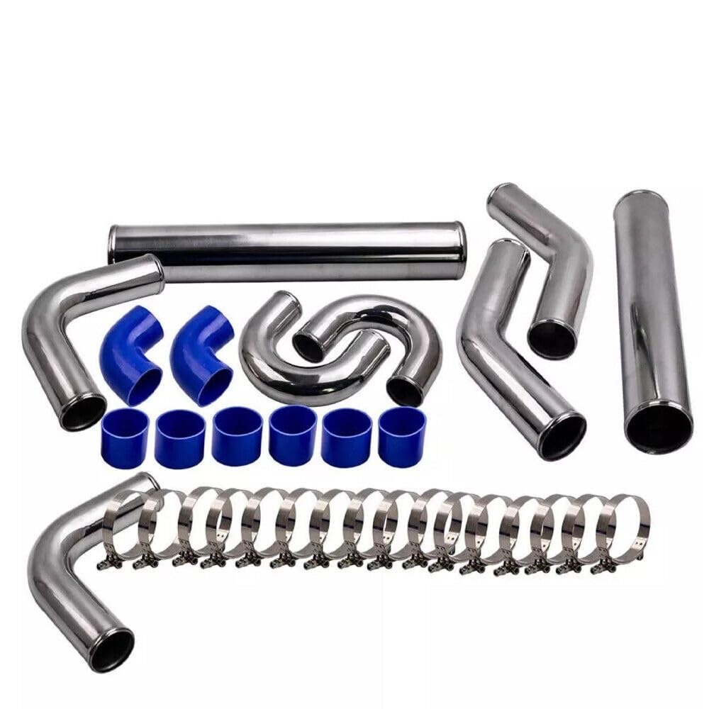 Intercooler aluminiowy Uniwersalny 3-calowy aluminiowy przewód intercoolera Turbo o średnicy 76 mm + niebieski wąż kolankowy + zestaw zacisków