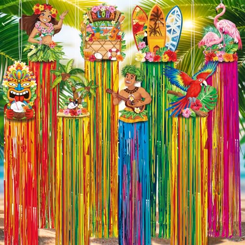 Image of Affrolling 8 Pcs Hawaiian Luau Party Decoration Tropical Tiki Aloha Flamingo Decorations with Tassels for Hawaii Luau Tropical Birthday Party Supplies 3.3 ft Outdoor Summer Door Banner Sign Decor