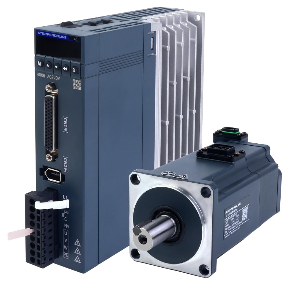 STEPPERONLINE Kit de servomotor de CA serie A6 de 400 W, 3000 rpm, 1,27 Nm, con freno de 17 bits codificador absoluto IP67 + 400 W Impuls/RS485/análogo AC Servo Motor Driver+ 3.0M Cabels