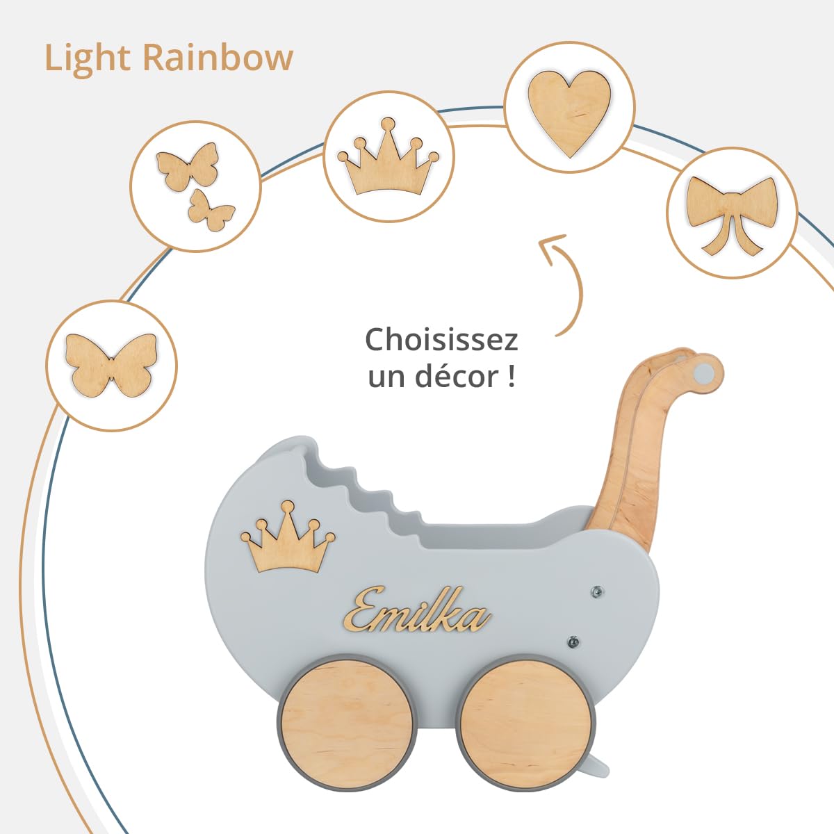 Landau de Poupée en Bois Light Rainbow Individuellement avec des Noms - Chariot Pousseur bébé Bois - Poussette Poupee Décoration - Poussette Canne Poupee - Chariot Enfant (Gris)