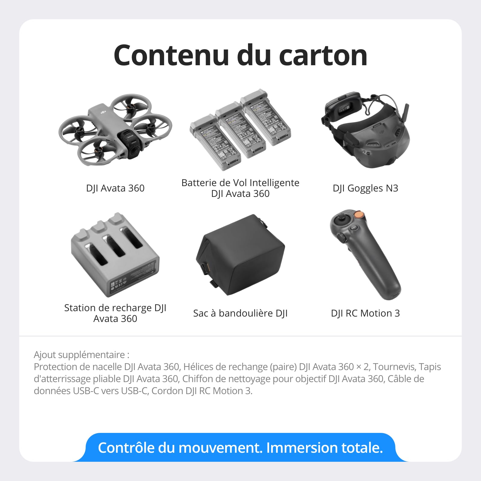 DJI Avata 360 Bundle Motion Fly More, drone 360° avec imagerie 360° 8K 1 pouce, drone caméra 360° avec protection d’hélices. Inclut Goggles N3 et RC Motion 3 pour contrôle de mouvement intuitif.