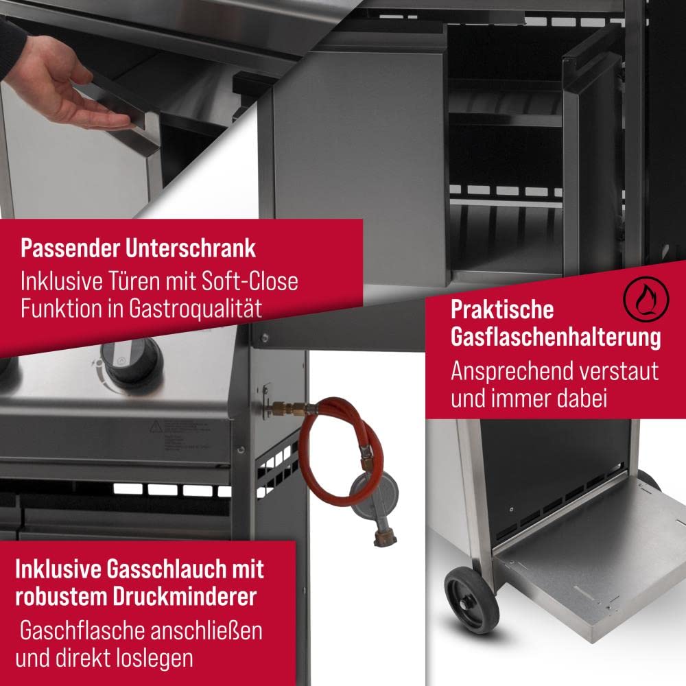 Schickling Gasgrill "Henry L - Deluxe" Edelstahlgrill Grillwagen mit Unterschrank, Doppelwandigem Deckel, 3 Brenner, 800 Grad Seitenbrenner & 3-teiligem Grillrost - Made in Germany