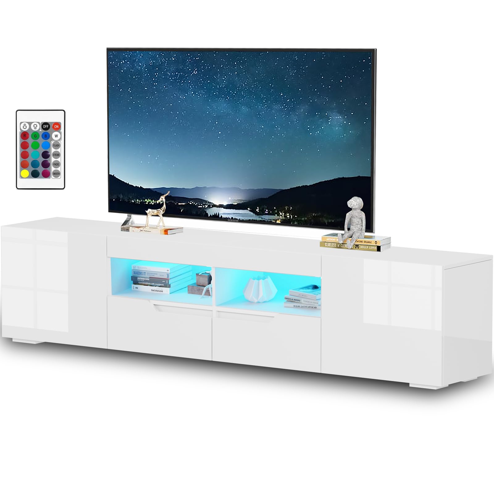 Hochglanz TV Schrank 200 cm mit 16 LED Farben – Modernes TV Lowboard für 65–85 Zoll Fernseher, TV Möbel mit 2 Schubladen & Schränken, Griffloses TV Board für Wohnzimmer (Weiß)