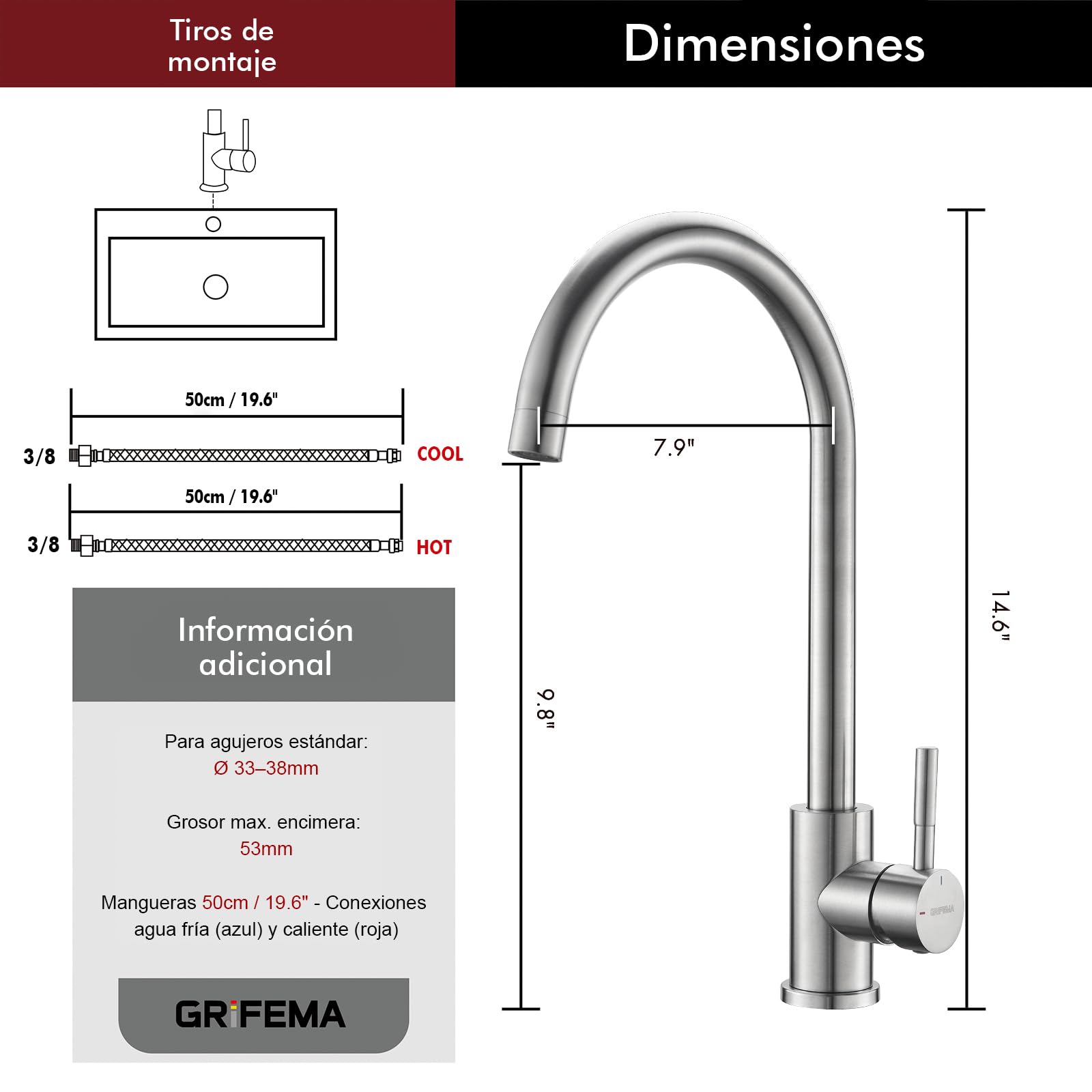 GRIFEMA Irismart G4008 Grifo de Cocina Alto con Caño Giratorio, Mezclador de Fregadero, Cold Start, Ahorro de Energía, Acero Inoxidable [Exclusivo en Amazon]
