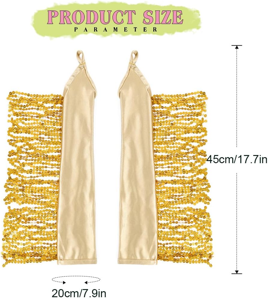 Women's Sparkly Sequin Fingerless Elbow Length Satin Fringe Gloves for Prom Party