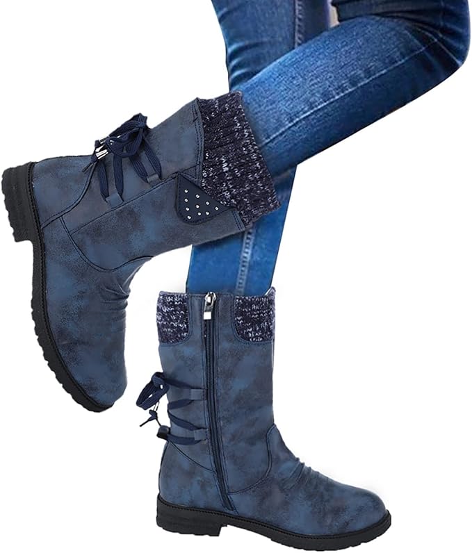 Winter Boots for Women Round Toe Side Zipper Lace Up Cowgirl Boots