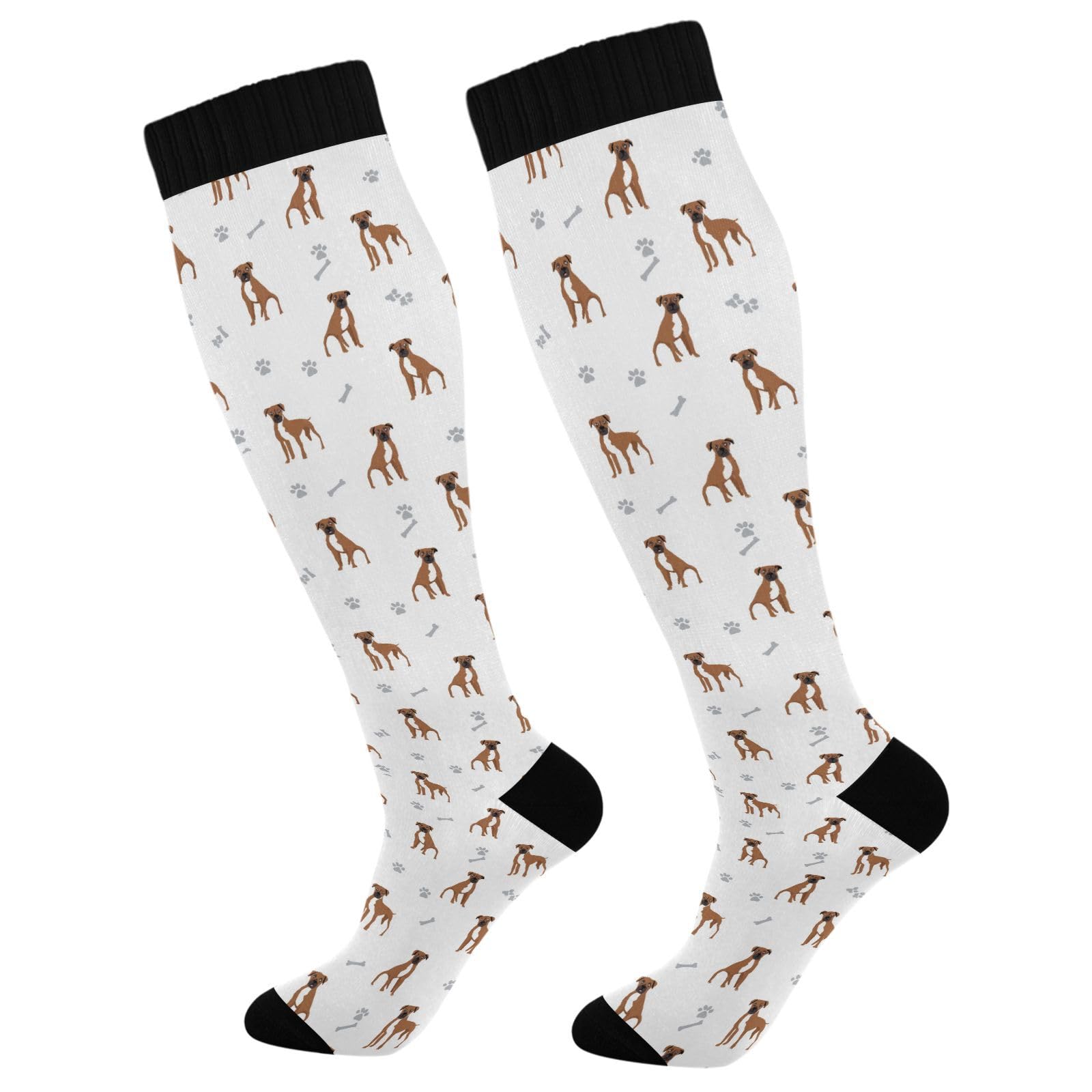 Boxer Dog Bone Cute Pattern Compression Socks Knee High Socks for Women & Men 15-20 mmHg Support for Athletic