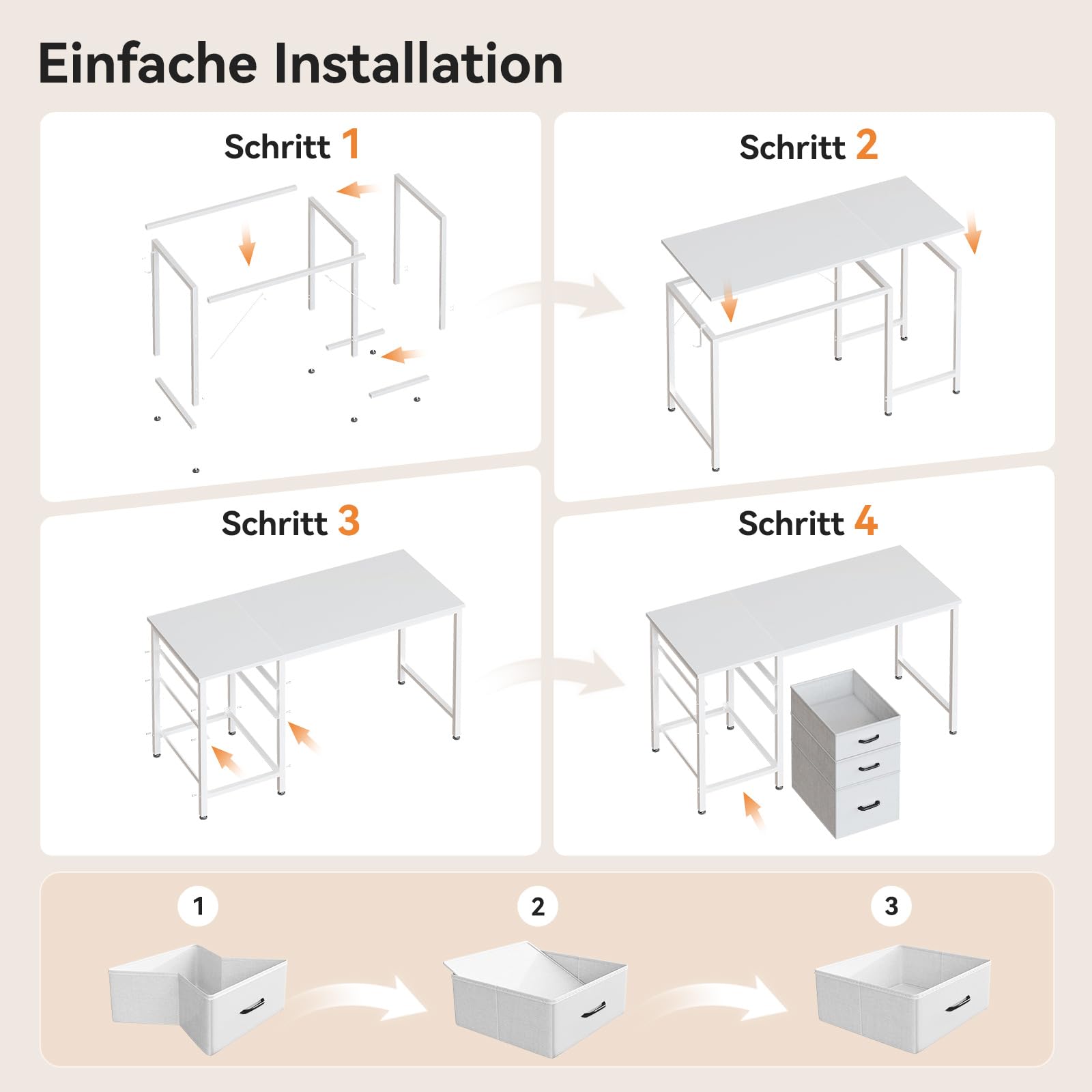 Coleshome Schreibtisch mit 3 Stoff Schubladen, 120x48cm Computertisch mit Kopfhörer Halter, Reversibler PC Schreibtisch Bürotisch für kleines Heimbüro, Weiß