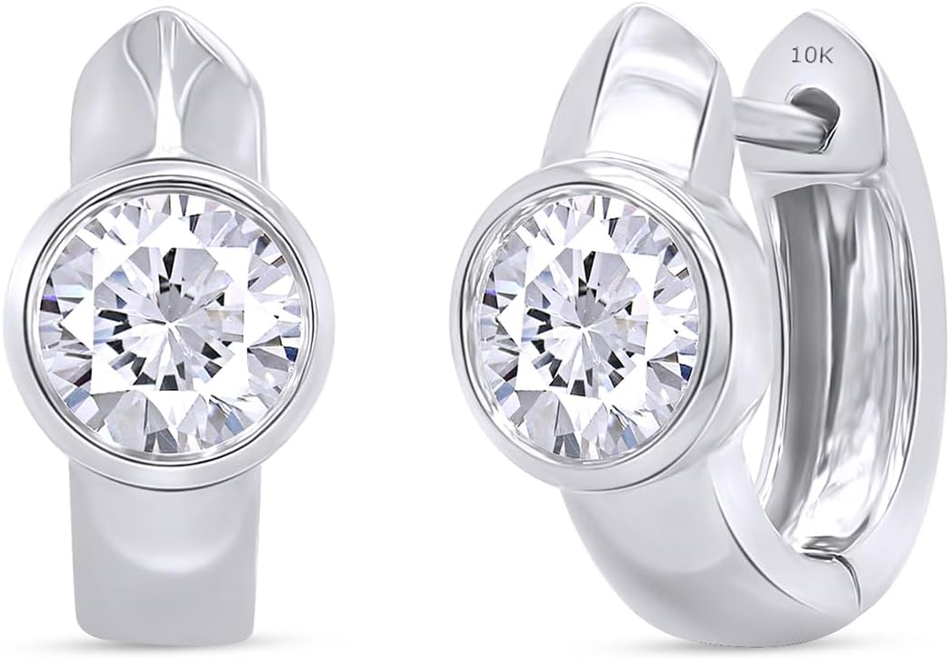 Huggie Hoop Earrings For Women, 1 Carat 5MM Round Shape IGI Certified Lab Grown Diamond Solitaire Bezel Set Hoop Earrings In 10K Solid Gold Jewelry For Women