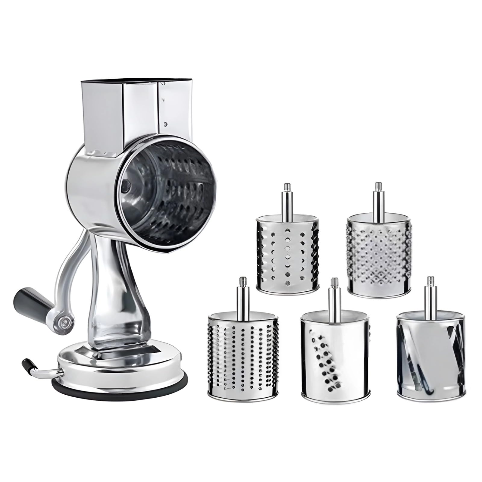 Rotationsreibe aus Edelstahl für Gemüse und Käse, Handkurbel Gemüseschneider mit 5 Klingen, Kartoffelschneider, Saugnapf Fuß, Erdnuss und Nussmühle für die Küche und den Alltag, silberfarben