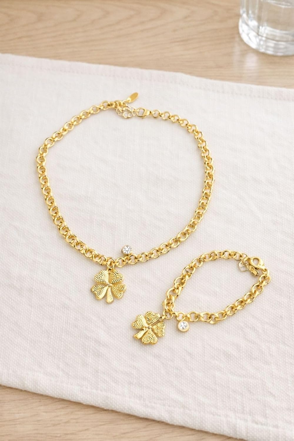 Gold Tone Four-Leaf Clover Necklace and Bracelet Set, Lucky Charm Jewelry for Women, 18 Inch Necklace with 7.5 Inch Bracelet - Image 3