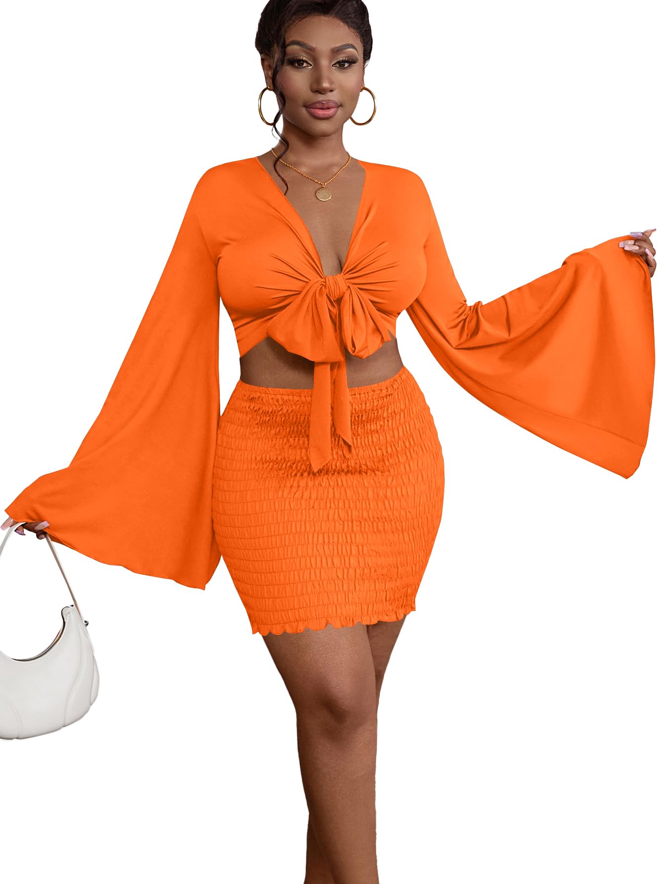 LYANER Women 2 Piece Vacation Outfits Tie Knot Front Bell Long Sleeve Crop Top and Mini Skirt Summer Set