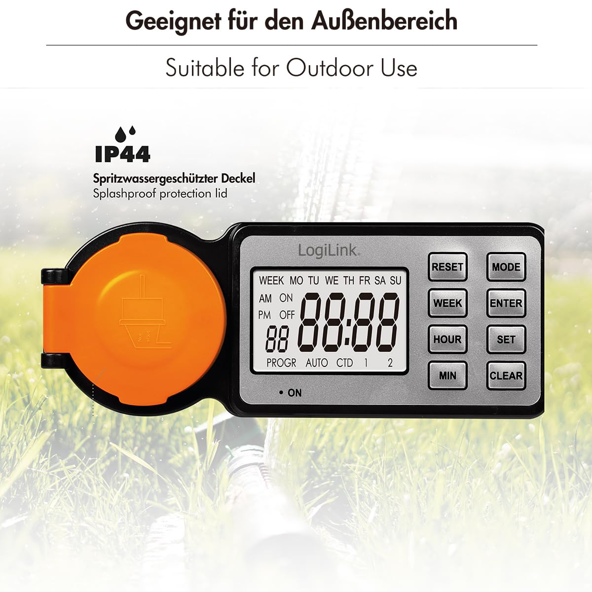LogiLink ET0016 – zewnętrzny programator czasowy z 12 programami i timerem, wyświetlacz 2,2", klasa ochrony IP44, 3600 W