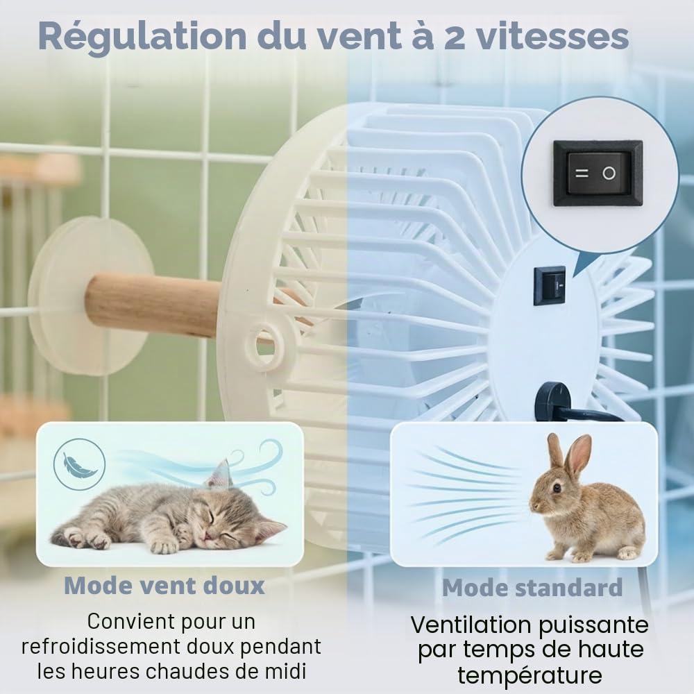 Ventilateur Pour Animaux Ultra-silencieux 20dB, Ventilateur Brise-vent Deux Vitesses, Refroidisseur USB Anti-morsure, Pour Cage Oiseau Lapin Hamster Petit Animal