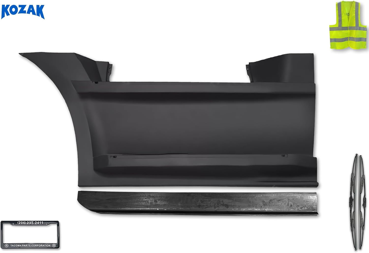 KOZAK Front Fairing Skirt Panel with Stripe for Left Driver Side, Compatible with Freightliner Cascadia 2018+, Includes Logo, 2X 22 Windshield Wipers, License Plate Frame, and Vest