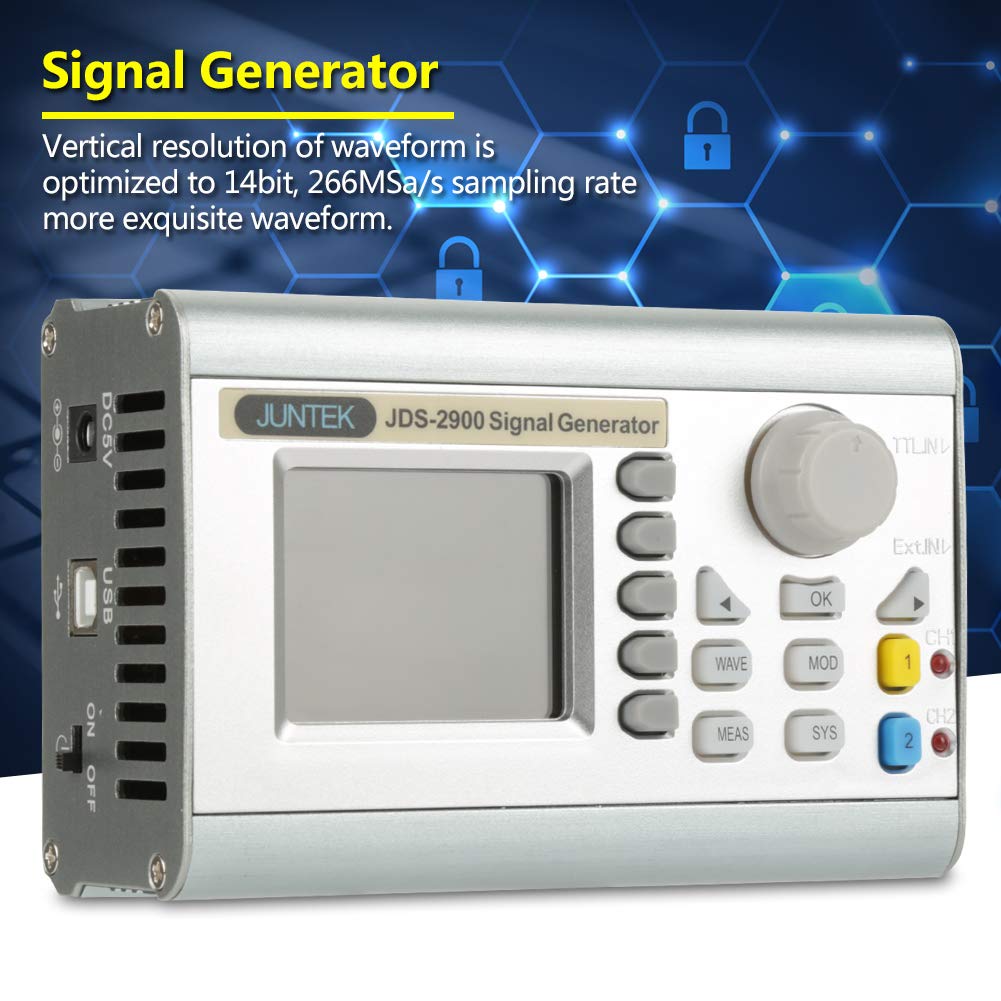 Table of specifications for JDS2900 including Model, Sine Wave Frequency Range, Square Wave Frequency Range, Triangular Wave Frequency Range, Pulse Wave Frequency Range, TTL Digital Wave Frequency Range, Arbitrary Wave Frequency Range, Pulse Width Adjusting Range, Square Wave Rise Time, Frequency Minimum Resolution, Accuracy of Frequency, and Frequency Stability.