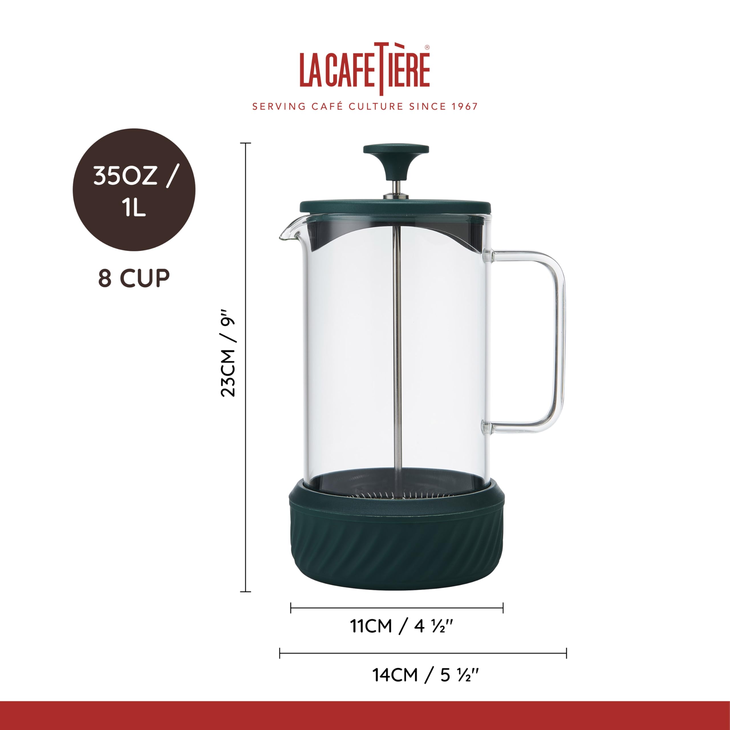 La Cafetière 'Zero' 8 Tassen Cafetière, grüner Edelstahl No Mess French Press mit Borosilikatglasbecher, abnehmbarer Boden zur Kaffeesatzentsorgung, in Geschenkverpackung, 1L
