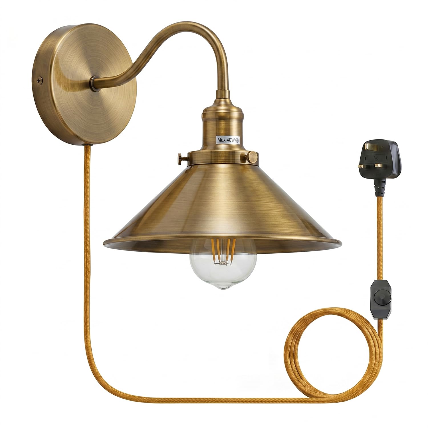 LEDSone Antique Brass Wall Sconce Plug in with Cord (Yellow Brass + Bulb)