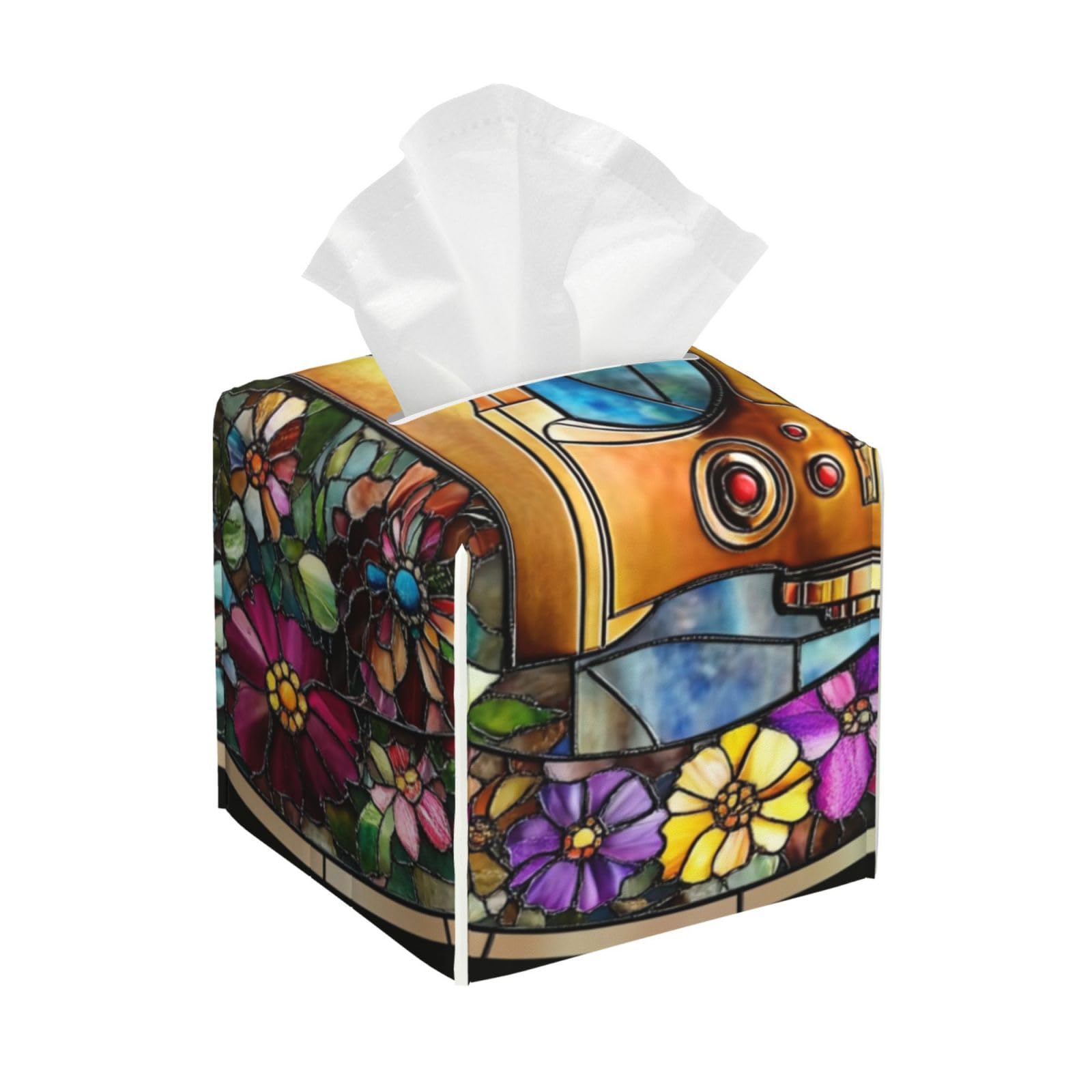 Stained Glass Sewing Machine and Flowers Tissue Box Cover Square Pu Leather Waterproof Tissue Box Holder for Car Bathroom Bedroom Office Tabletop Decor