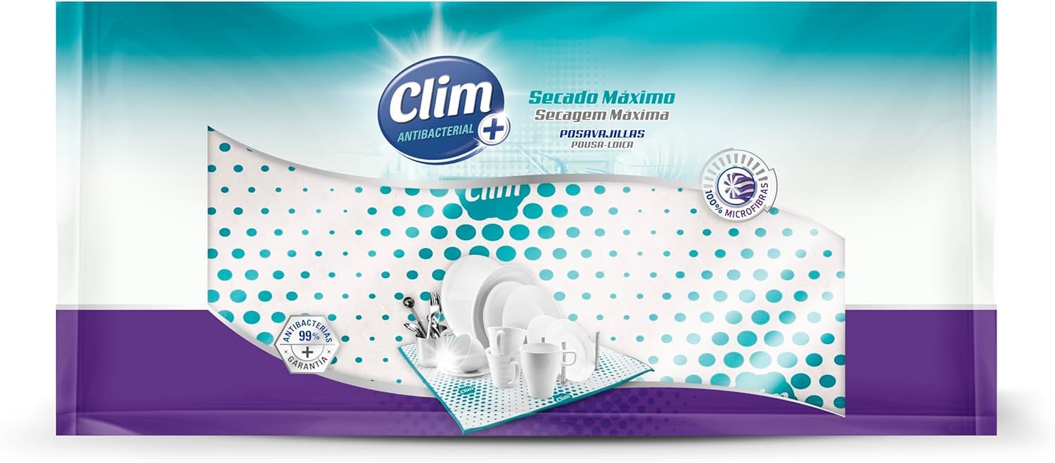 Clim Antibacterial 7 Posavajillas Súper Absorbente con Tratamiento Antibacterias. Doble Paño Hecho 100% Microfibra con Espuma Efecto Secado Plus. Caja de 7 uds
