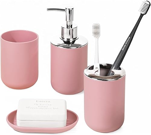 Juego de accesorios de baño, 4 piezas de plástico incluyen dispensador de jabón, jabonera, soporte para cepillo de dientes, vaso para enjuague