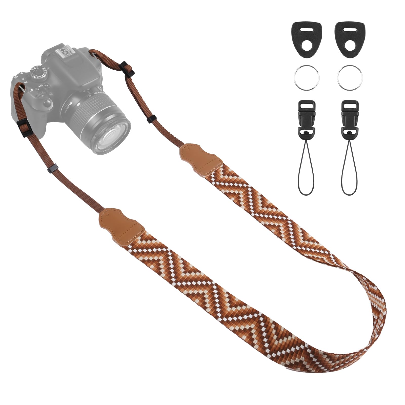 Universal Camera Strap - Camera Neck Strap, Adjustable Shoulder Straps Compatible with Canon, Fujifilm, Nikon, Olympus, Panasonic and other SLR and mirrorless cameras - Brown White Gquares