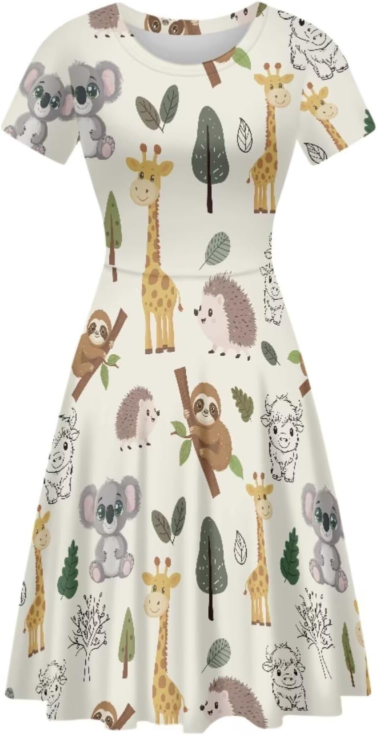 Beauty Collector Women Cute Dresses Crewneck Short Sleeve A-Line Midi Dress