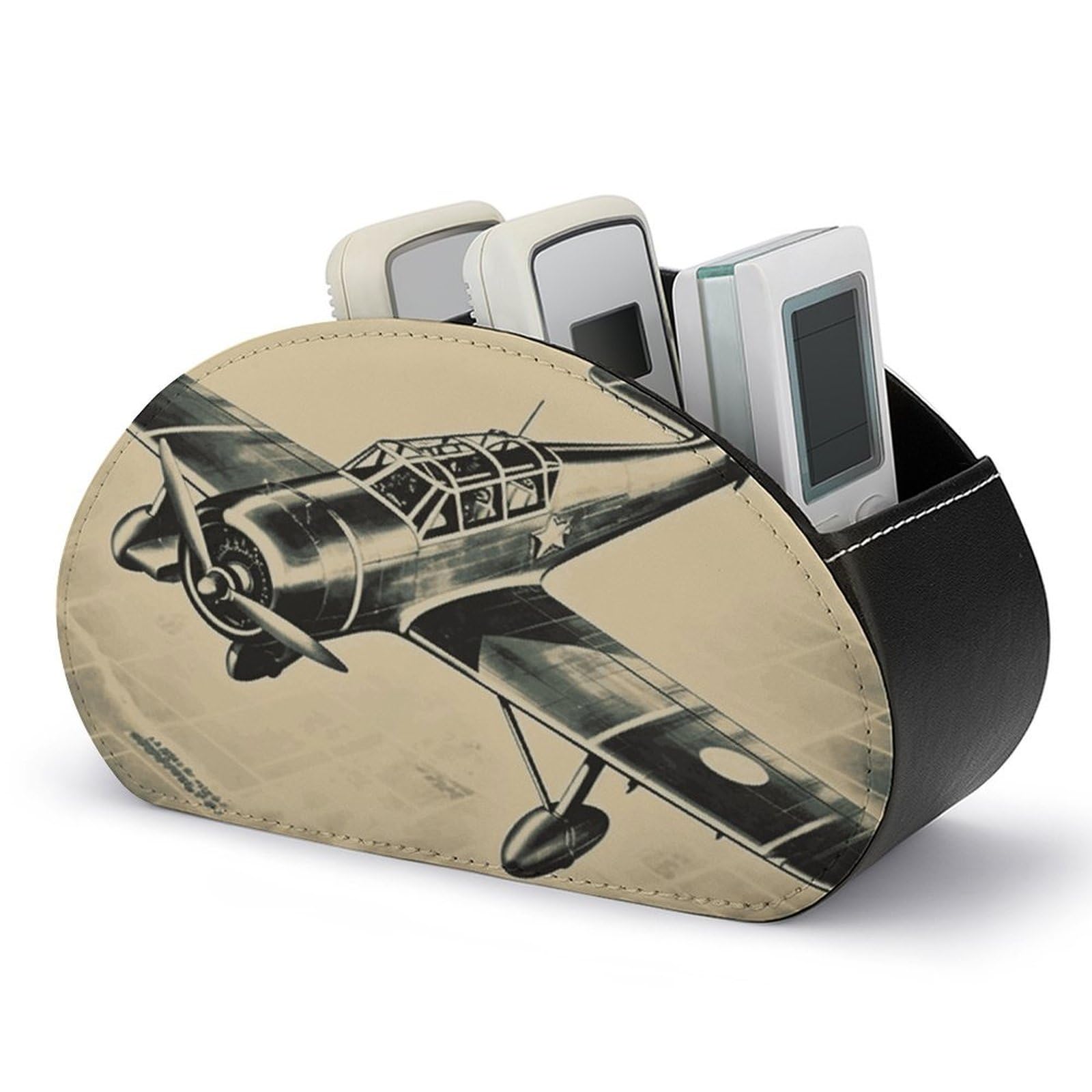 FekiLoot Retro Airplane TV Remote Control Holder with 5 Compartments Multi-functional Leather Bedside Table Remote Caddy Desktop Storage Box for Store Pen Controller Media Player Cosmetic