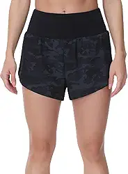 Shorts esportivos femininos de cintura alta com bolsos com zíper, forro de malha de secagem rápida, shorts de treino para corrida e caminhada, Camuflagem preta, G