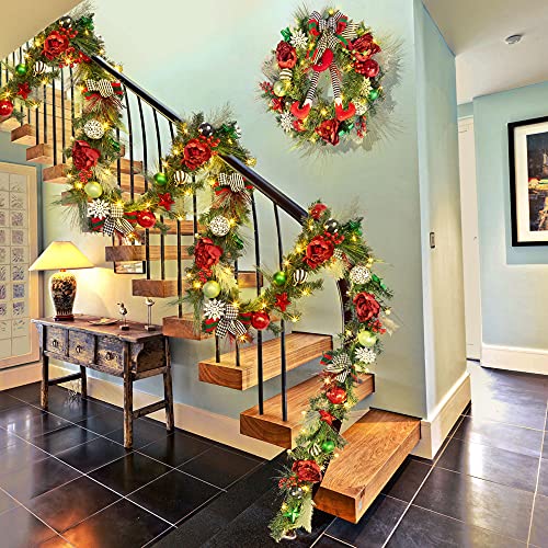 24" Prelit Christmas Wreath with Lights, Battery Operated Xmas Garland with Decorations, Wreath for Front Door Porch Wall Window Fireplace Outdoor Home Holiday Accent