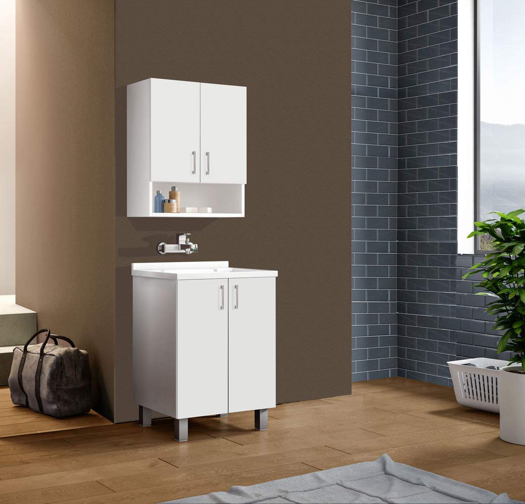 MaMa Store ATENALAV Mobile Lavatoio-Lavapanni Bianco in Metacrilato con ASSE in Legno e gocciolatoio in Alluminio, L.60 x P.50 X H. 86.5 cm