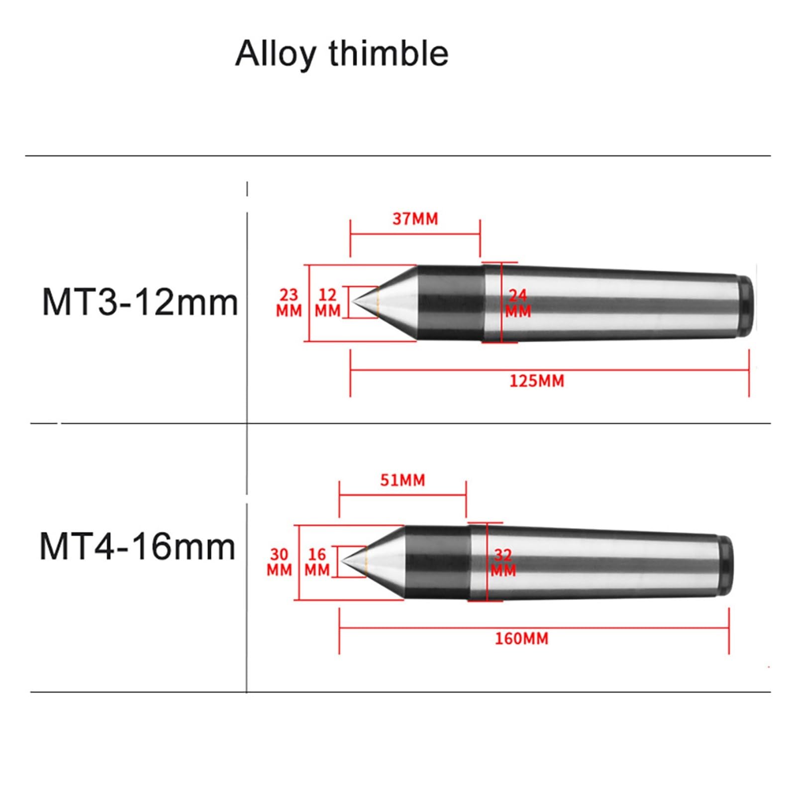 Precyzyjny, stały wypychacz centralny do szlifierki tokarskiej - Kompatybilny z narzędziami stożkowymi MT2, MT3, MT4 - z końcówką aluminiową(MT4-12mm)