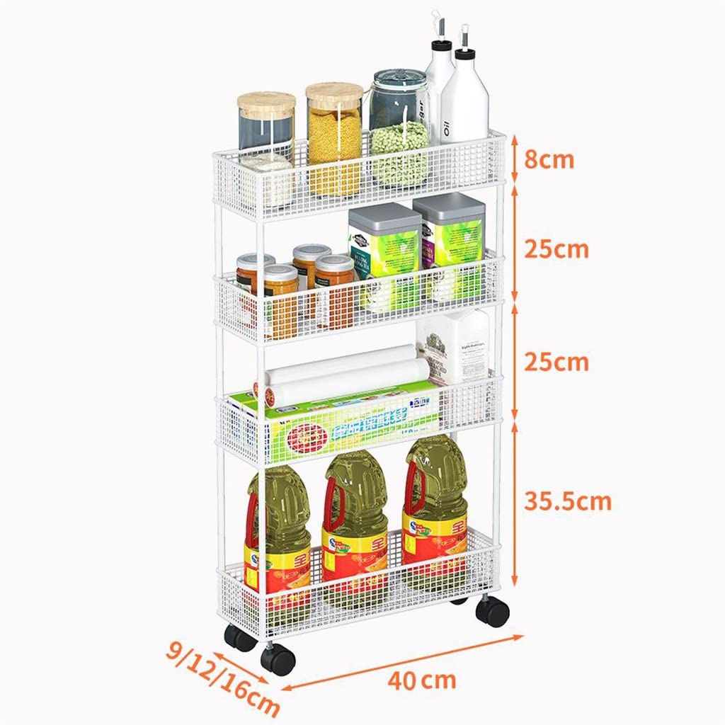 Carrello portaoggetti sottile in metallo, a 4 ripiani, per dispensa e utilità della cucina, frutta e verdura con ruote (bianco, 16 cm)