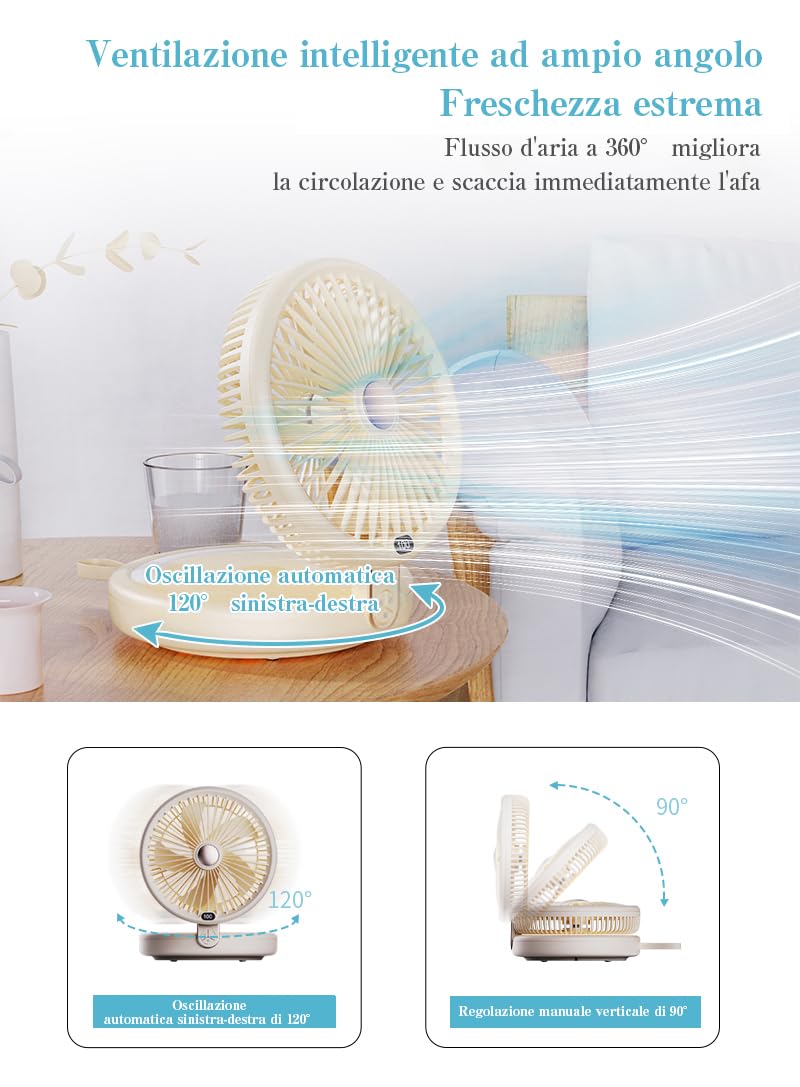 ventilatore da tavolo 2-in-1, 5 pale, 6 velocità, pieghevole, con gancio e cordino. Ricarica USB, 4000mAh, 15h autonomia, LED 3 livelli, oscillazione 120°, inclinazione 90°.(Bianco)