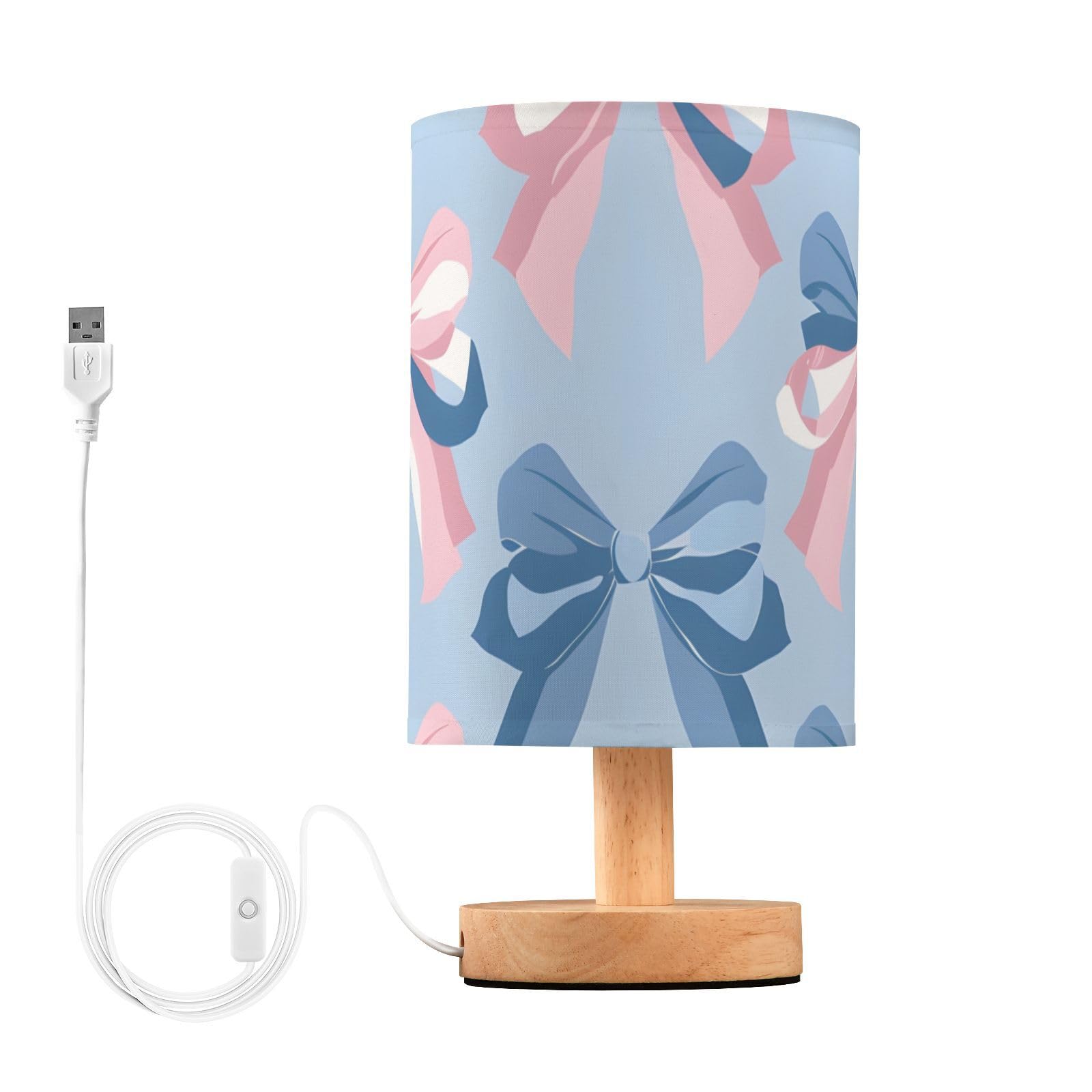 Mnsruu Bedside Table Lamp Pink Bow Blue Pattern Bedside Lamps LED Light Desk Lamp Fabric Shade Small Lamp for Bedroom Living Room (Bulb Included)