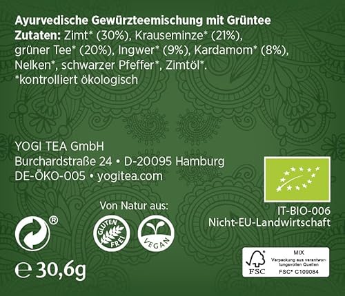 Yogi Tea Green Chai, Ayurvedischer Bio Gewürztee, Mischung aus Zimt, Krauseminze, Grüner Tee, Ingwer, Kardamom und Nelken, 6x17 Beutel (102 Teebeutel insgesamt)