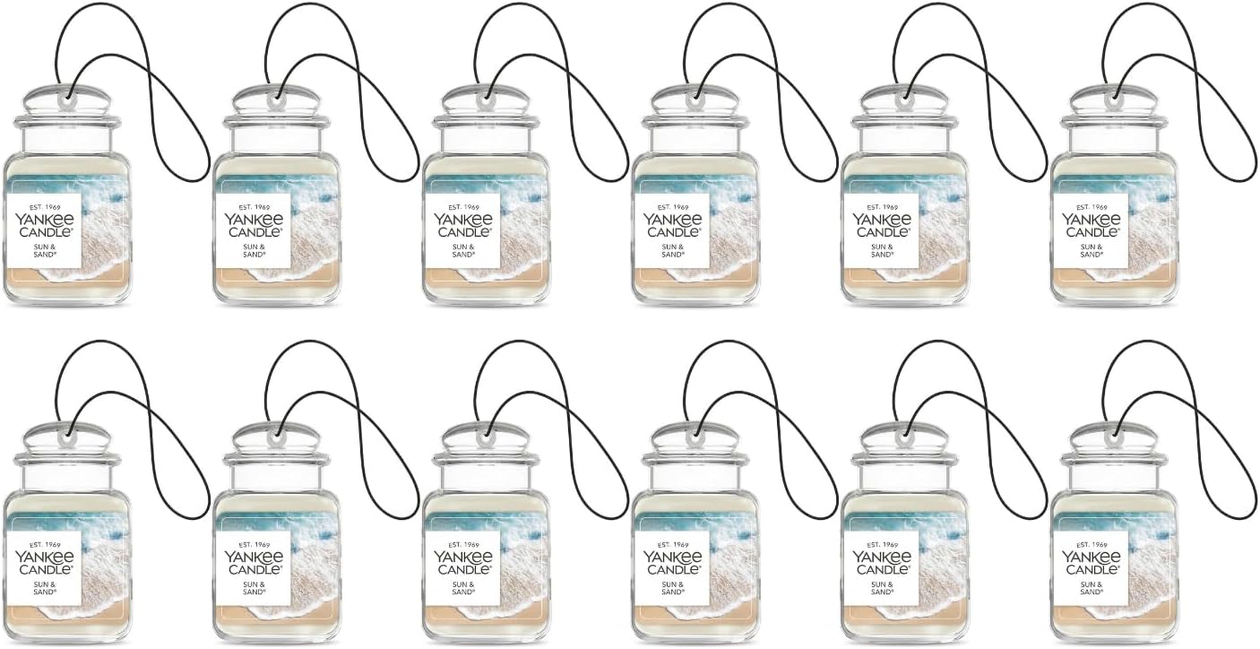 Yankee Candle Car Air Fresheners, Hanging Car Jar Ultimate, Neutralizes Odors Up To 30 Days, Sun & Sand, 0.96 OZ (Pack of 12)