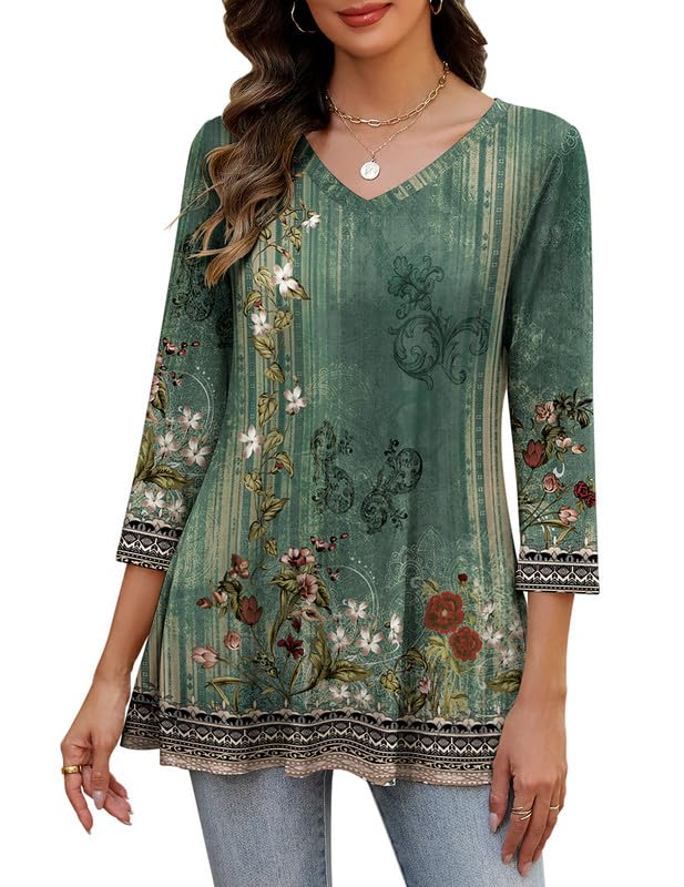 Womens Tunic Tops 3/4 Sleeve V Neck T Shirts Loose Fit Dressy Casual Blouses Boho Business Outfits Mz839 XL