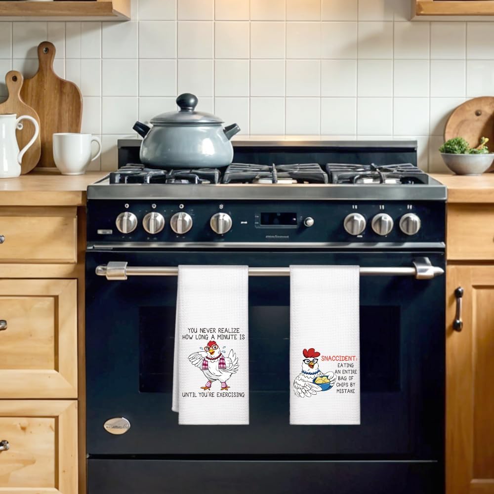 WUUCK00 2pcs You Never Realize How Long A Minute is Kitchen Towel, Funny Chicken Kitchen Decor for Family, Farmhouse Tea Towel for Chicken Lover, Christmas Housewarming Gifts for Hostess Neighbor - Image 3