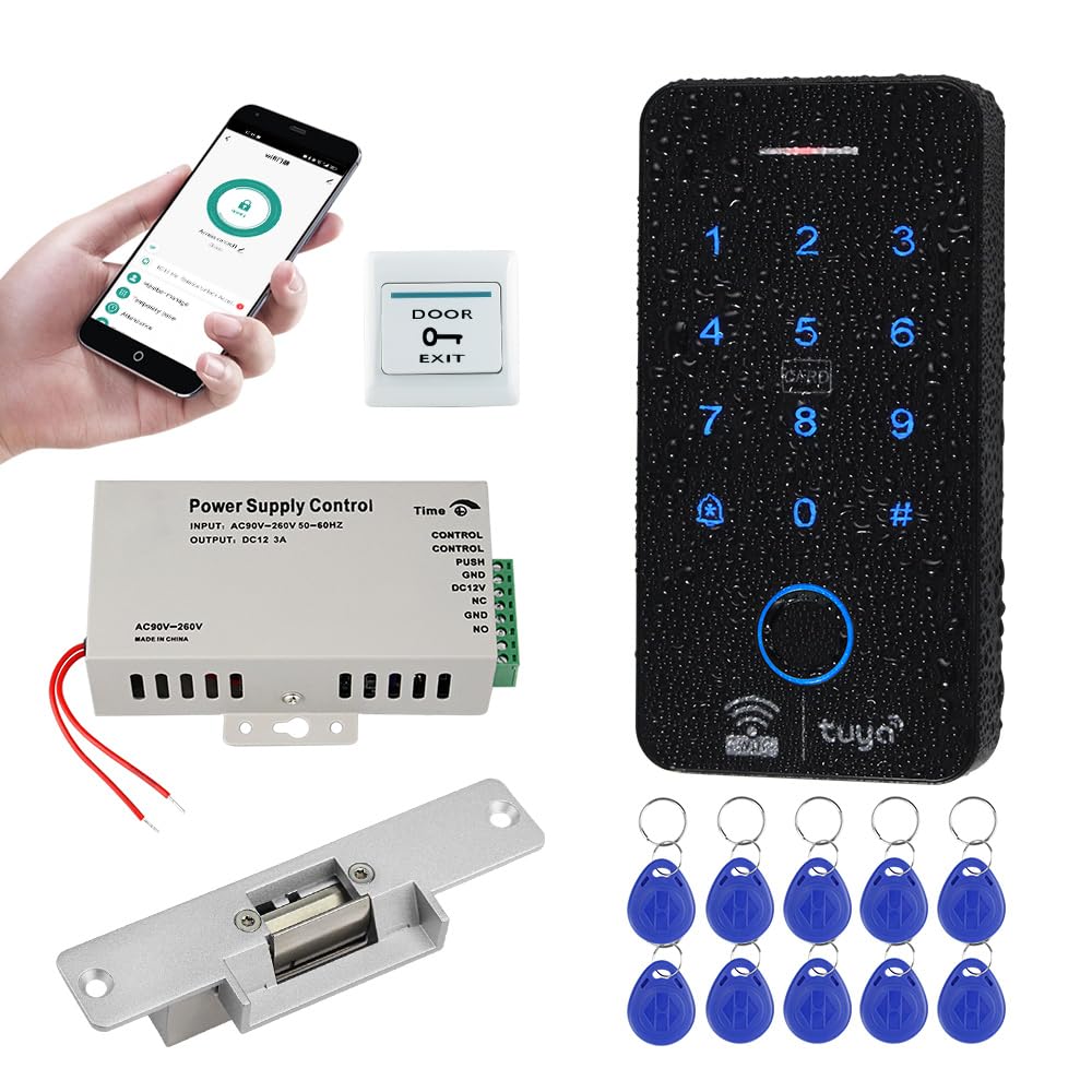 Kit Sistema di Controllo di Accesso WiFi Tuya Impermeabile di Impronte Tastiera RFID 125KHz 13.56MHz con Serratura Elettrica Della Porta, Alimentatore DC12V + 10pcs Portachiavi